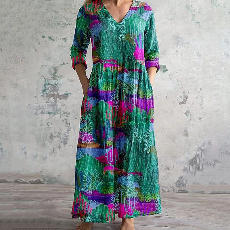 Damen Vintage-Kleid mit V-Ausschnitt und langen Ärmeln Jully