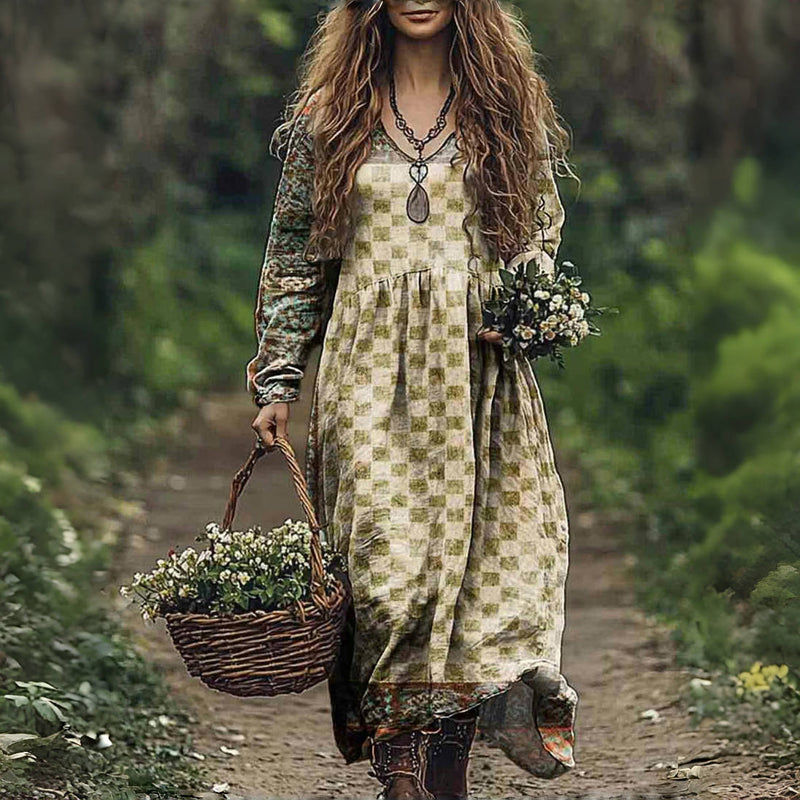 Damen Vintage Kleid mit V-Ausschnitt in Knöchellang Jully