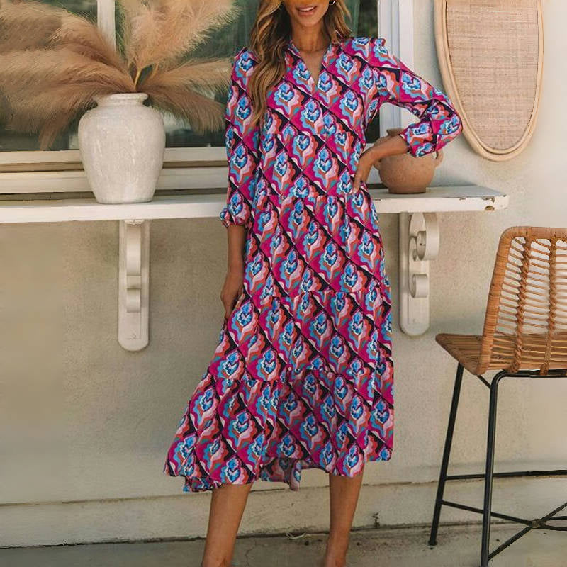 Damen Vintage Kleid mit V-Ausschnitt und langen Ärmeln Jully