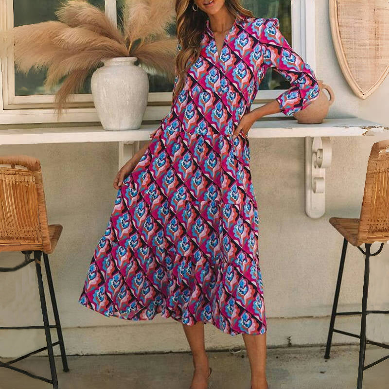 Damen Vintage Kleid mit V-Ausschnitt und langen Ärmeln Jully