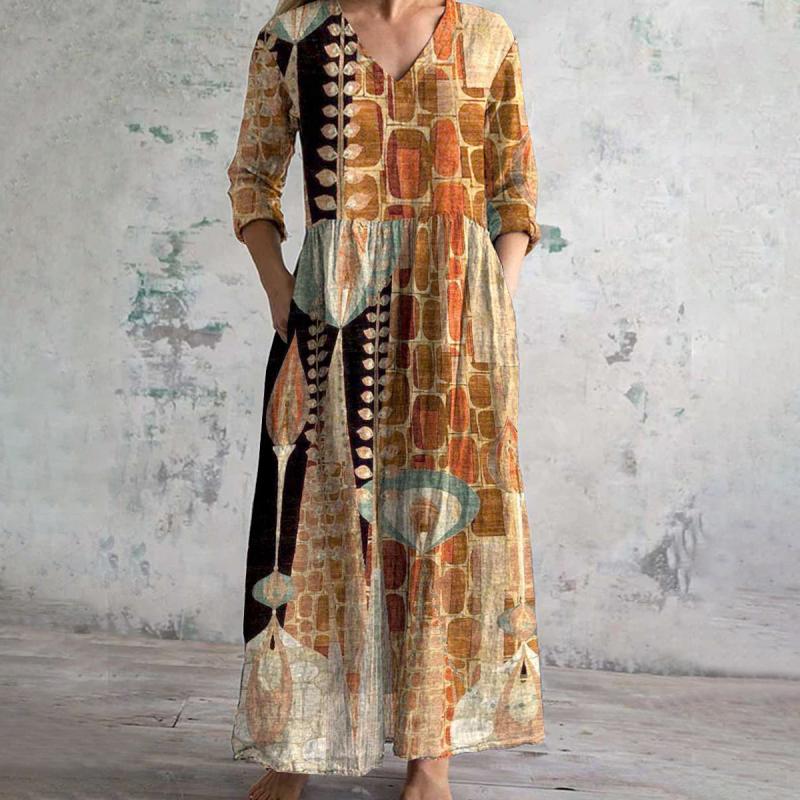 Damen Vintage Kleid mit V-Ausschnitt und langen Ärmeln Jully
