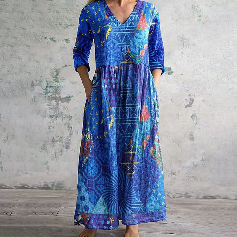 Damen Vintage Kleid mit V-Ausschnitt und langen Ärmeln Jully
