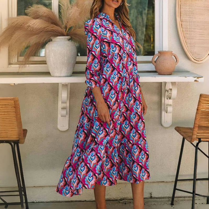 Damen Vintage Kleid mit V-Ausschnitt und langen Ärmeln Jully