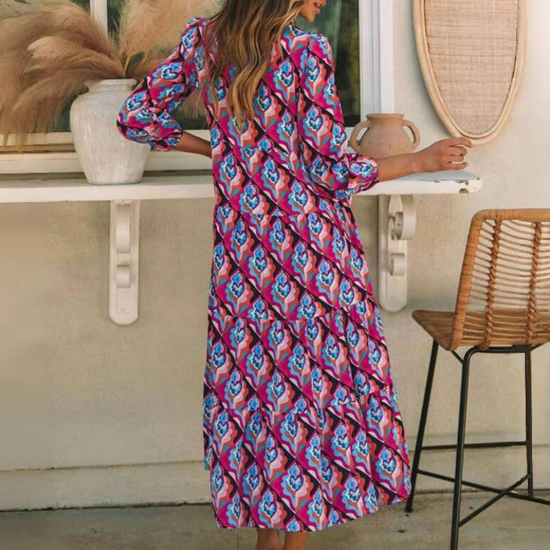 Damen Vintage Kleid mit V-Ausschnitt und langen Ärmeln Jully