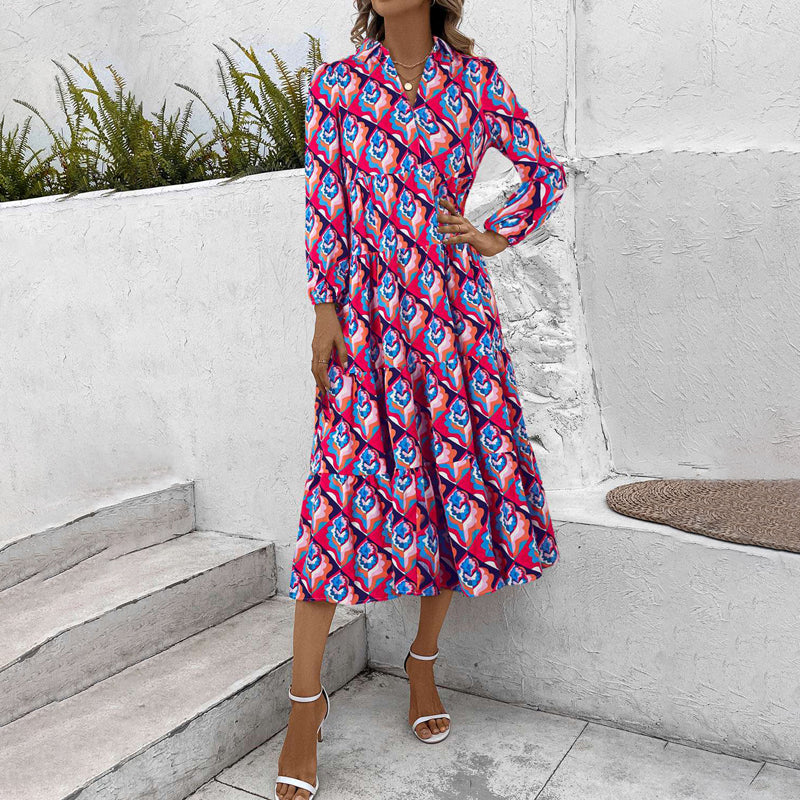 Damen Vintage Kleid mit V-Ausschnitt und langen Ärmeln Jully