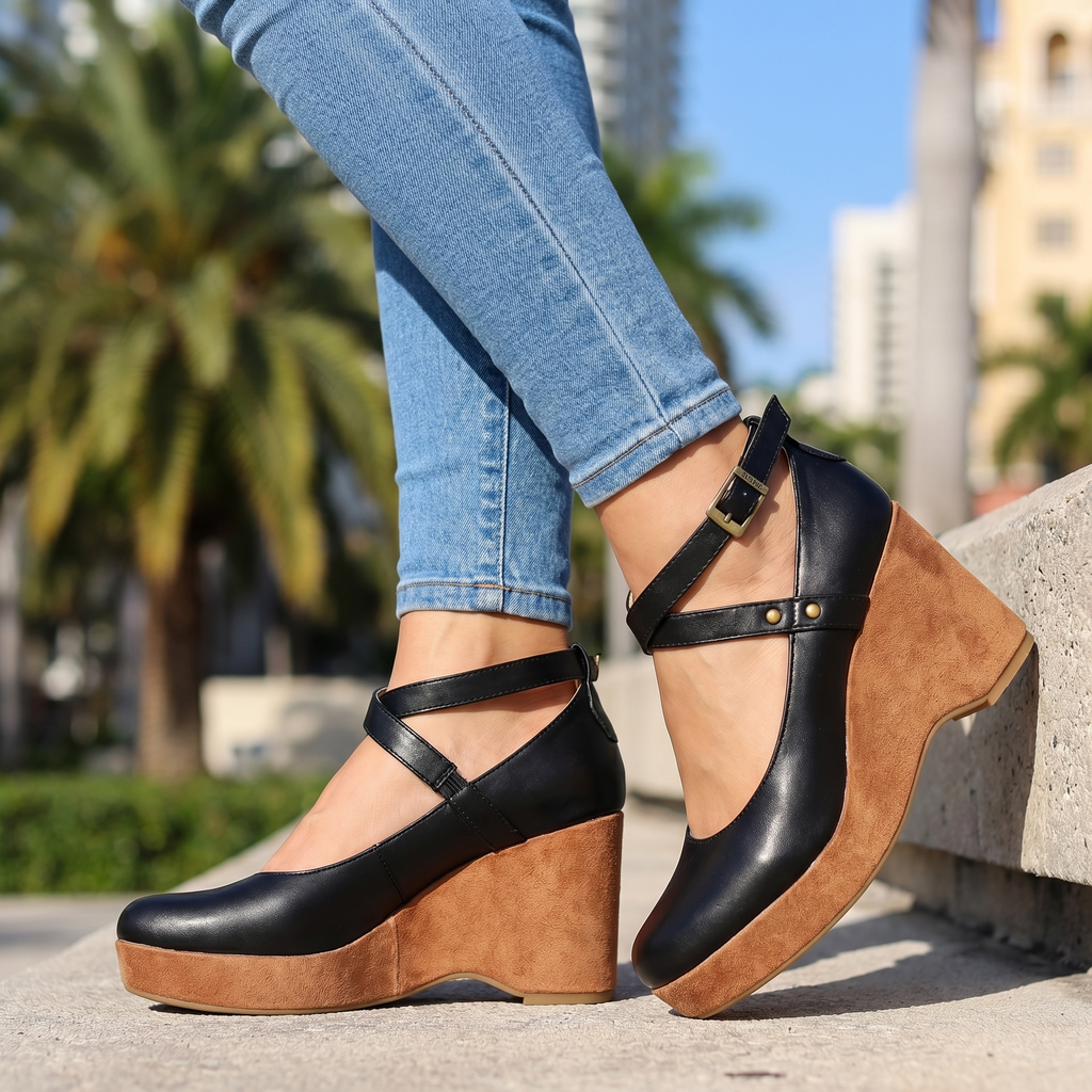Damen Wedges mit Kreuzriemen und Plateau Jully