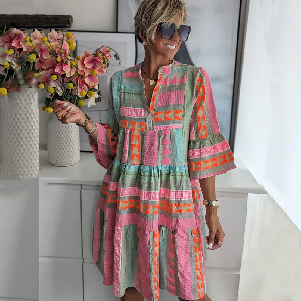 Damen Wochenendkleid aus Leinen-Baumwolle mit Muster Jully
