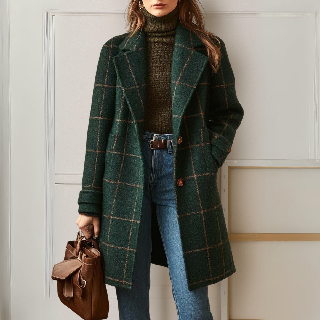 Damen lange Jacke mit elegantem Karomuster aus Tweed Jully