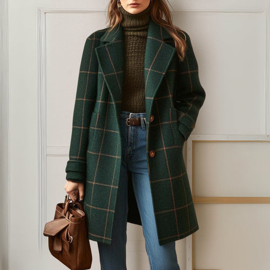 Damen lange Jacke mit elegantem Karomuster aus Tweed Jully
