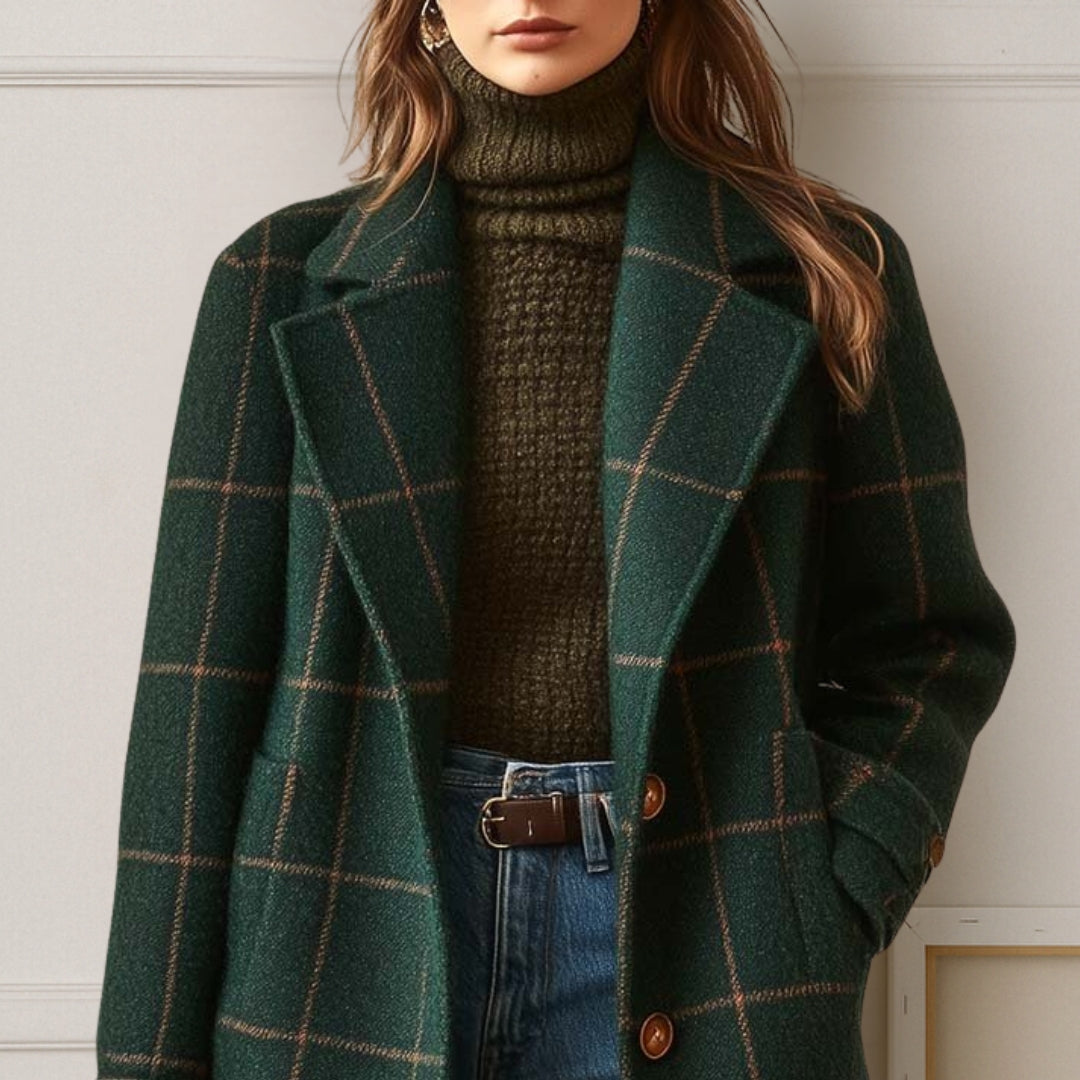 Damen lange Jacke mit elegantem Karomuster aus Tweed Jully