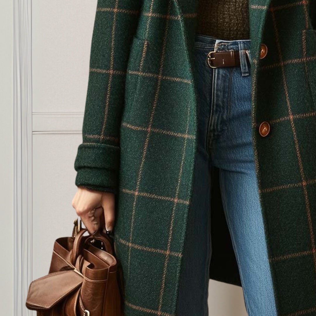 Damen lange Jacke mit elegantem Karomuster aus Tweed Jully