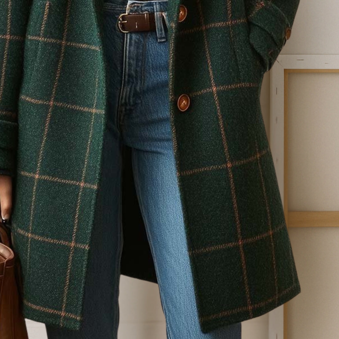 Damen lange Jacke mit elegantem Karomuster aus Tweed Jully