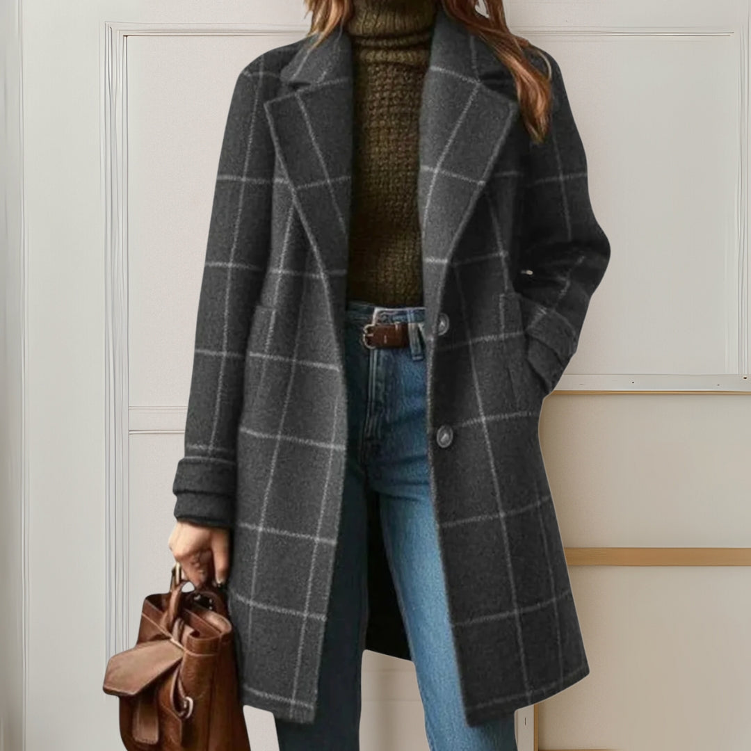Damen lange Jacke mit elegantem Karomuster aus Tweed Jully