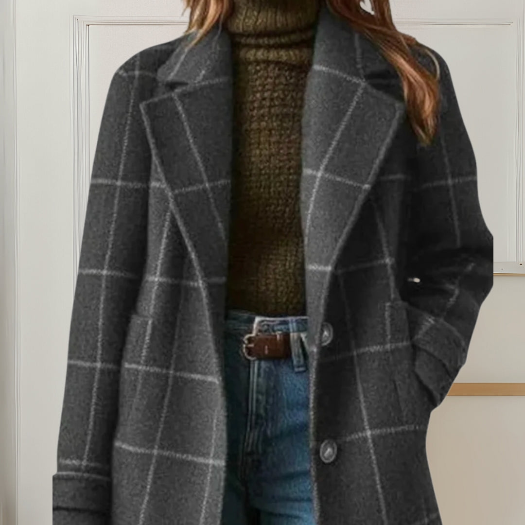 Damen lange Jacke mit elegantem Karomuster aus Tweed Jully