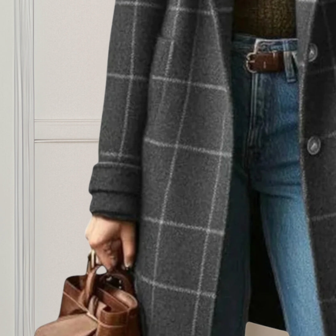 Damen lange Jacke mit elegantem Karomuster aus Tweed Jully