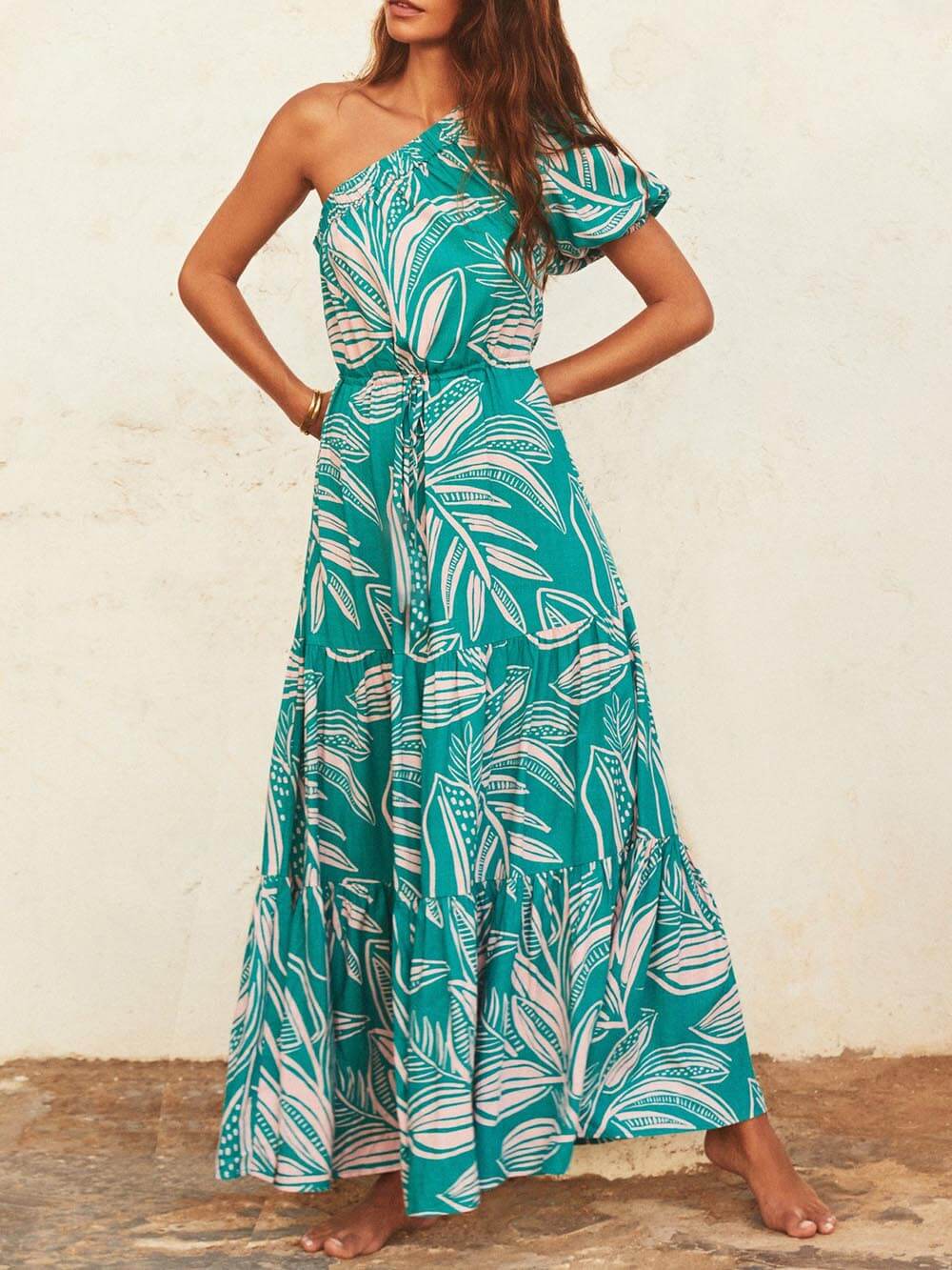 Damen schulterfreies Blumenkleid mit Palmblatt-Print Jully