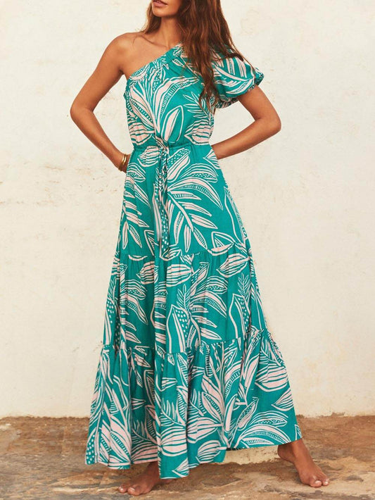 Damen schulterfreies Blumenkleid mit Palmblatt-Print Jully