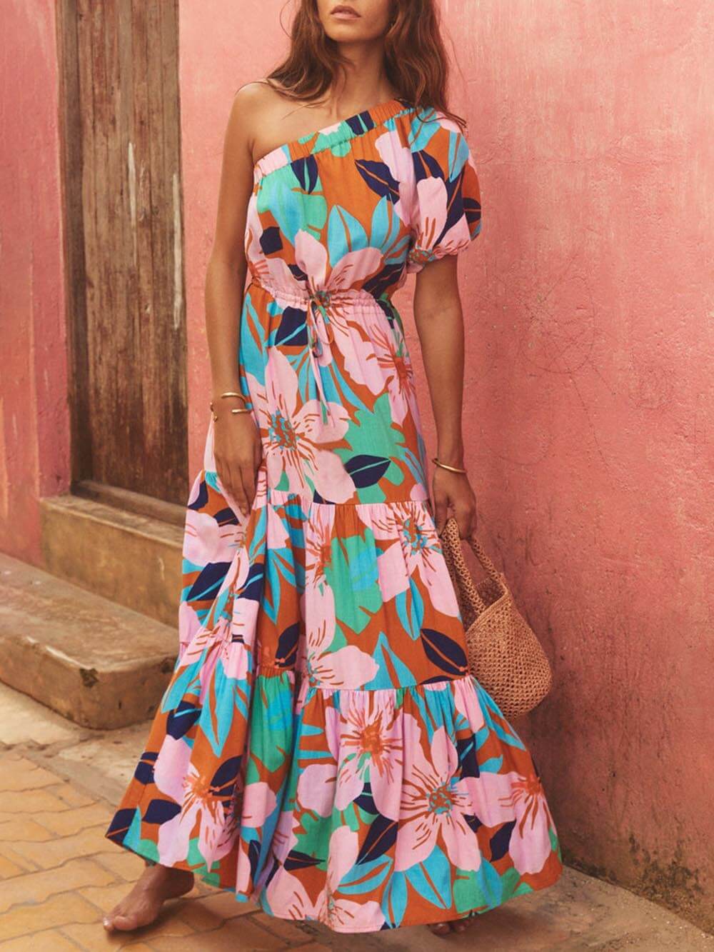Damen schulterfreies Blumenkleid mit Palmblatt-Print Jully