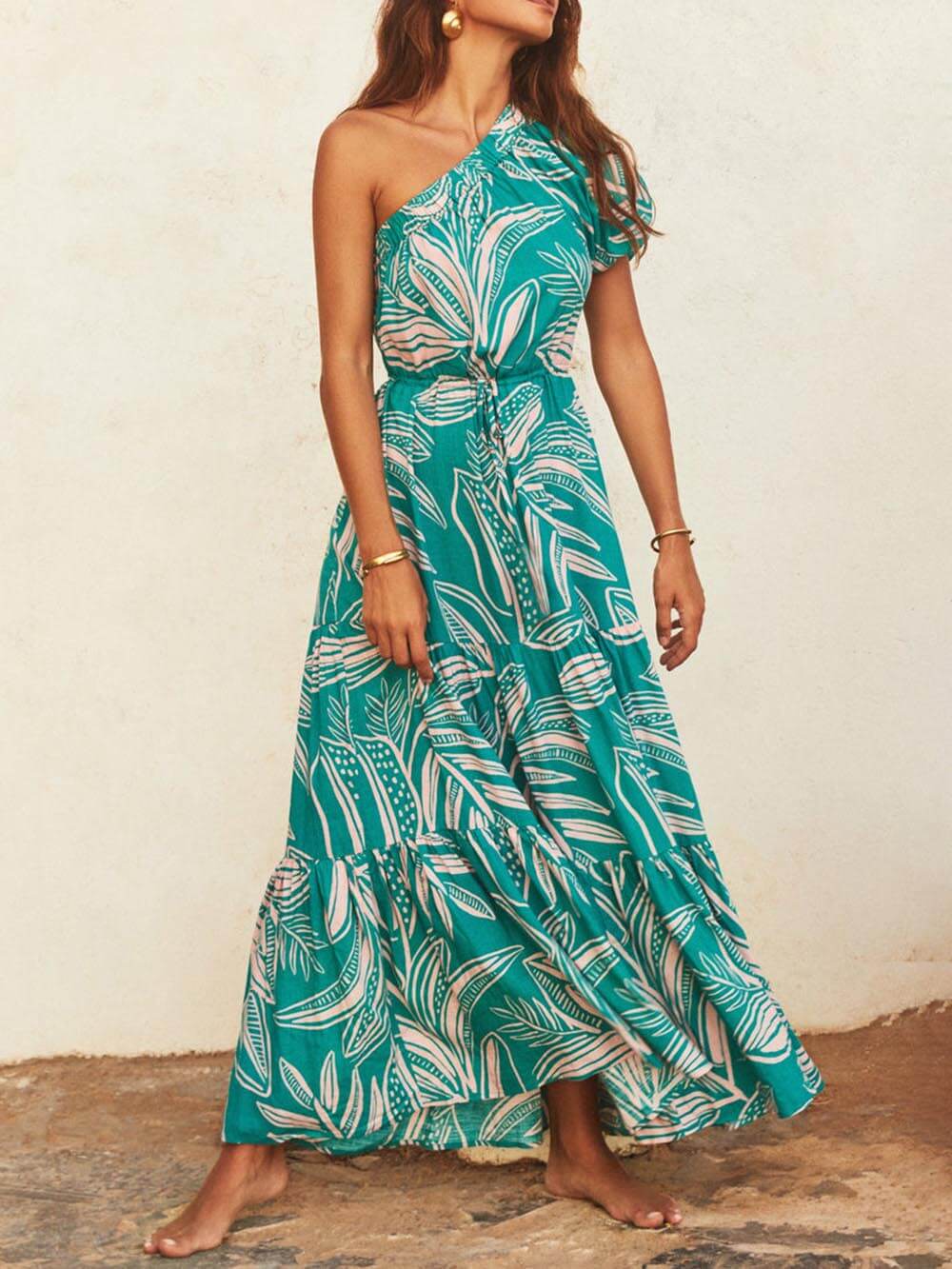 Damen schulterfreies Blumenkleid mit Palmblatt-Print Jully