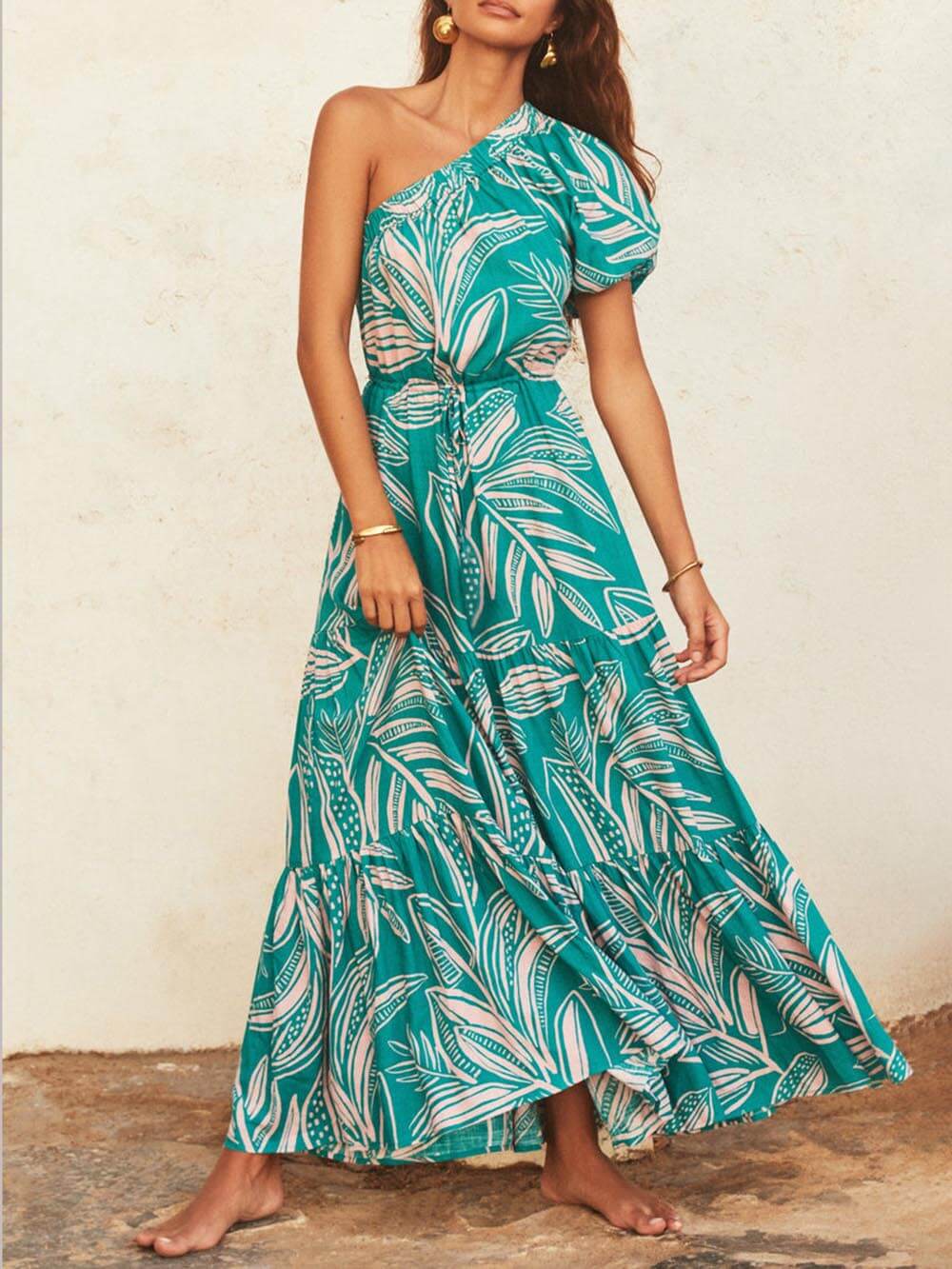 Damen schulterfreies Blumenkleid mit Palmblatt-Print Jully