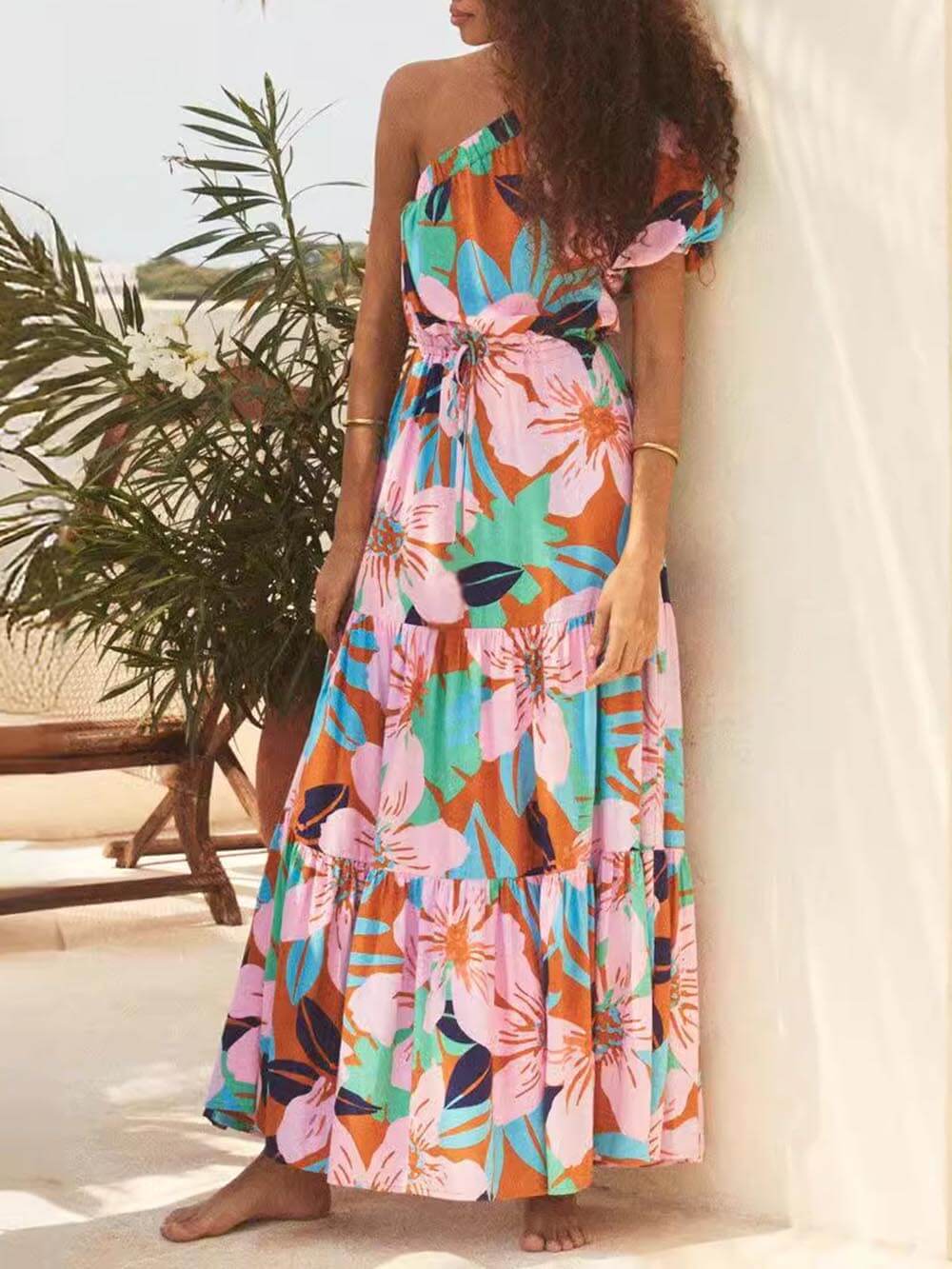 Damen schulterfreies Blumenkleid mit Palmblatt-Print Jully