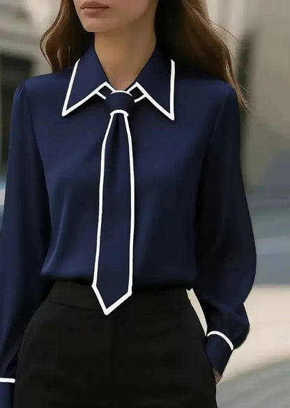 Women's Necktie Button Up Shirt Contrast Piping