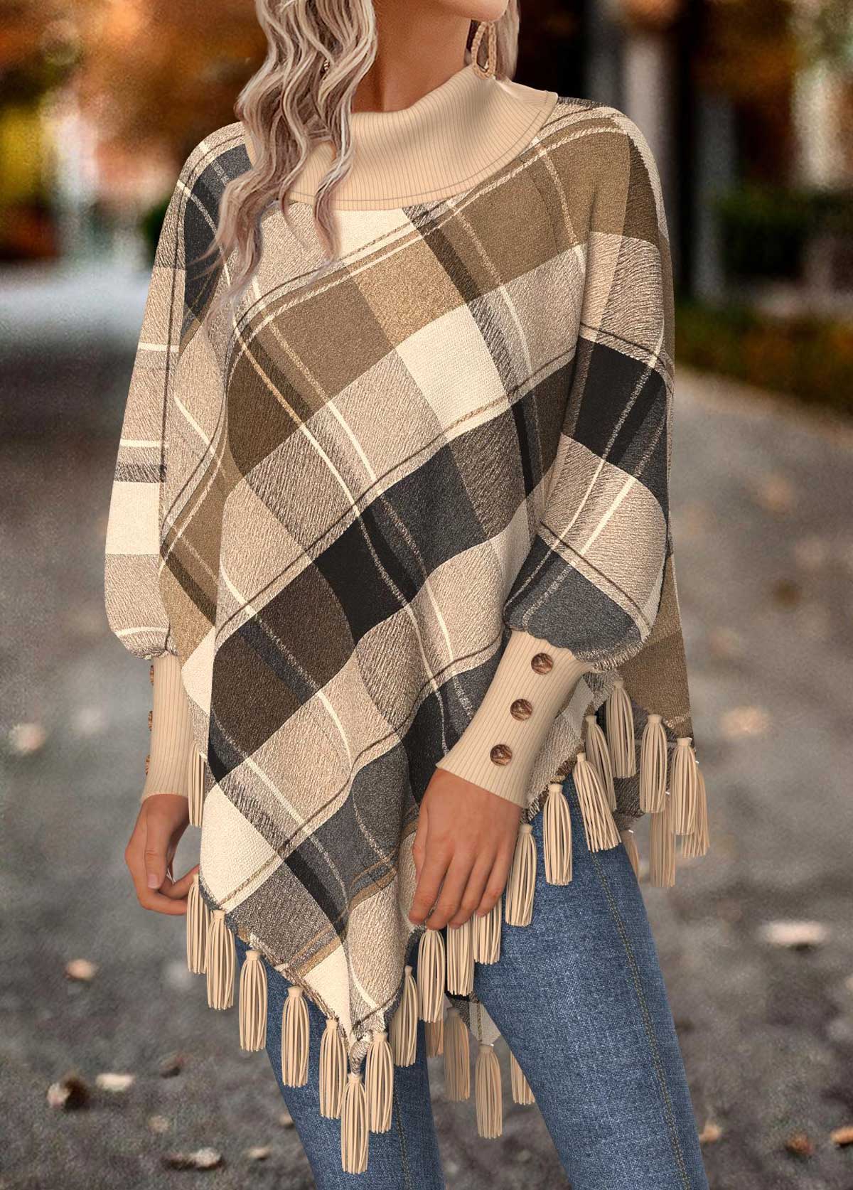 Women's Plaid Fringe Poncho Cape for Fall