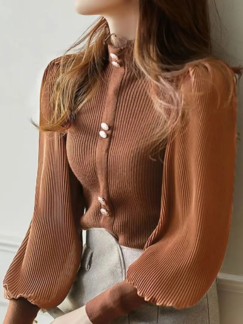 Women's Soft Knit Ruffle Neck Button Sleeve