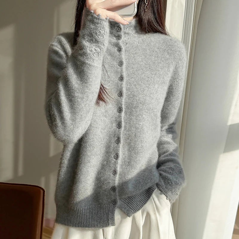 Women's Fuzzy Brushed Cardigan High Neck Buttons