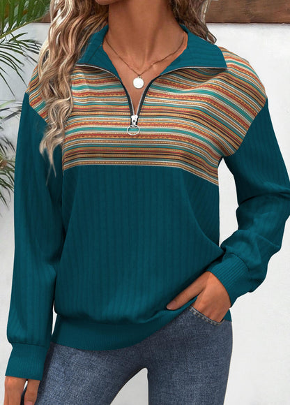 Women's Striped Patchwork Crewneck Fall Sweatshirt