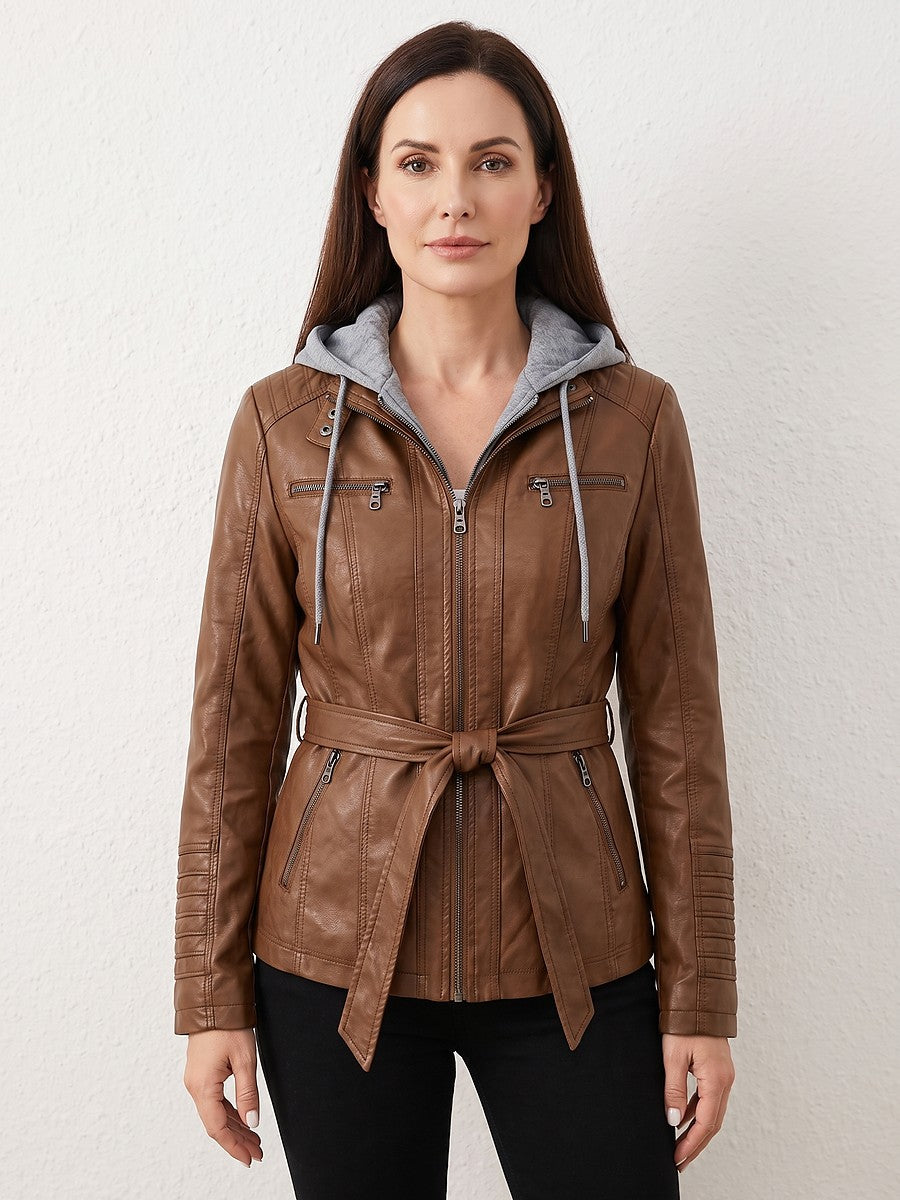 Women's Faux Leather Jacket Removable Hood