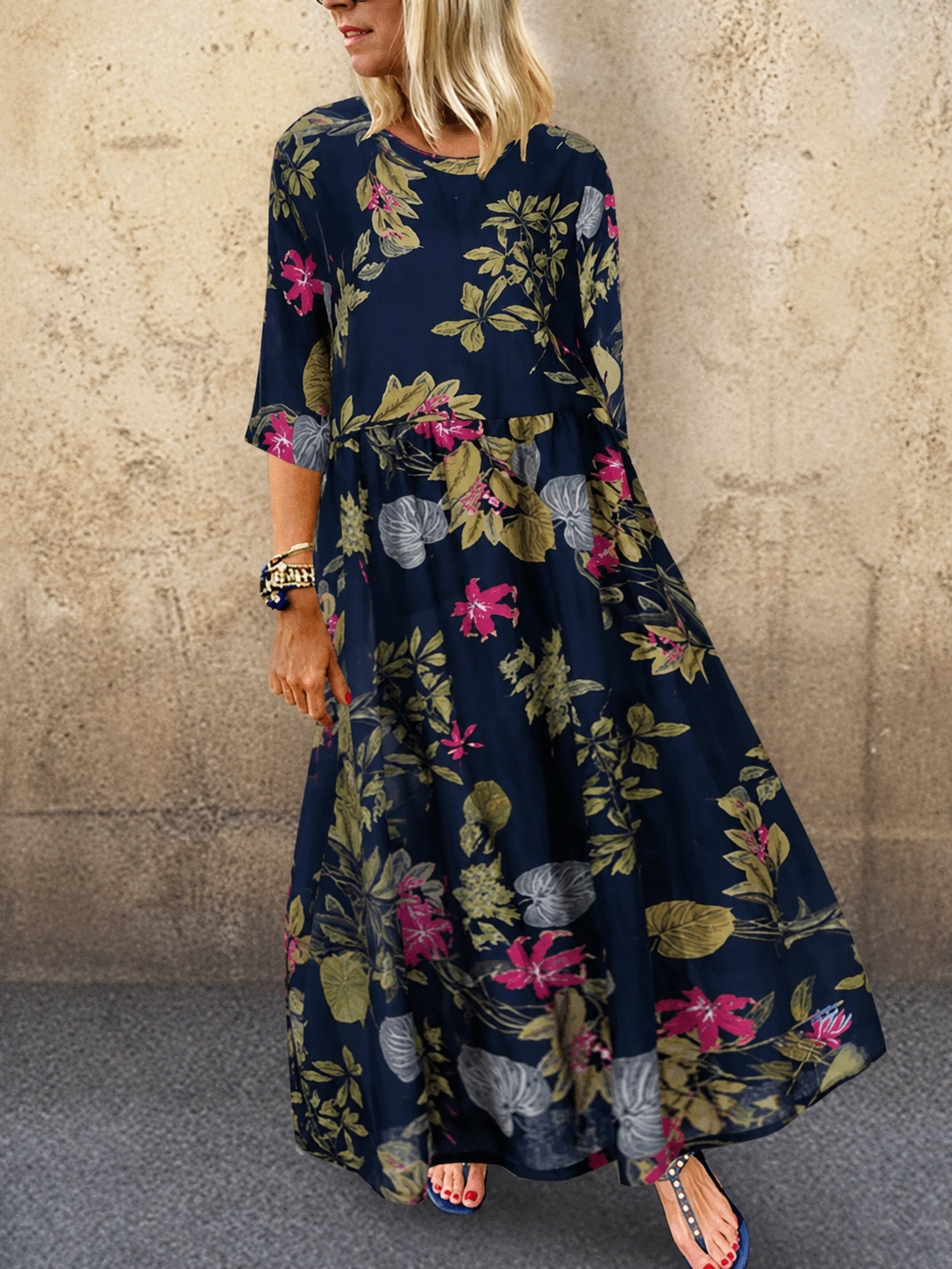 Damen Sommerkleid mit Blumendruck und Dreiviertelärmeln Jully