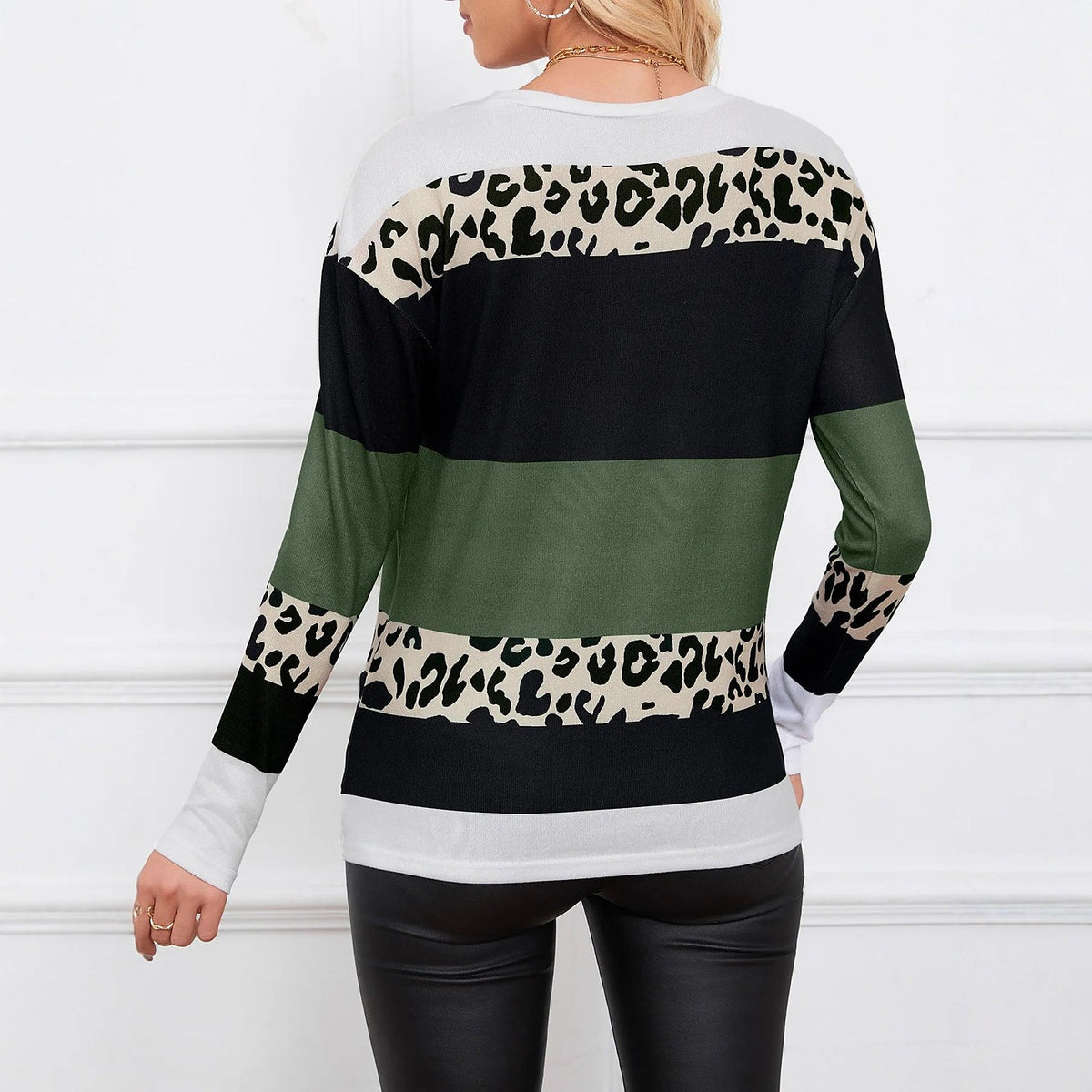 Women's Leopard Print Panel Round Neck Top