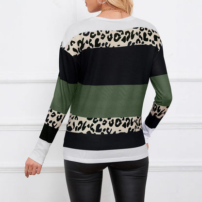 Women's Leopard Print Panel Round Neck Top