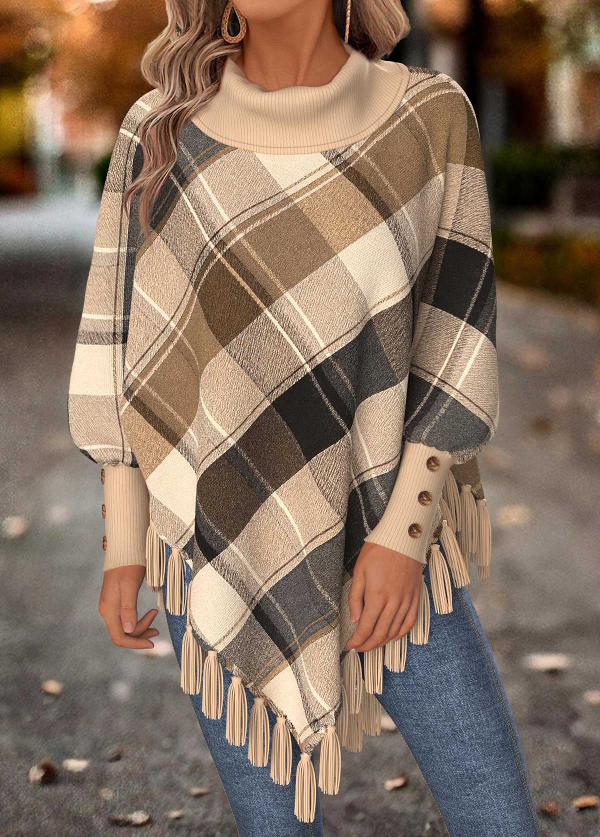 Women's Plaid Fringe Poncho Cape for Fall