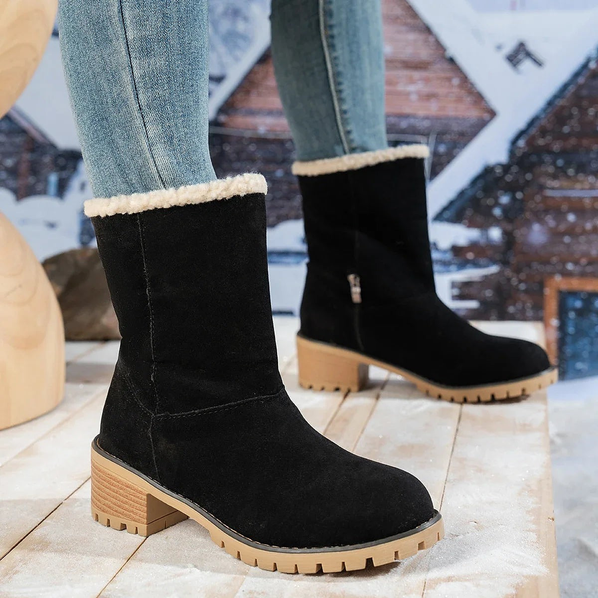Women's Sherpa Collar Warm Block Heel Boots