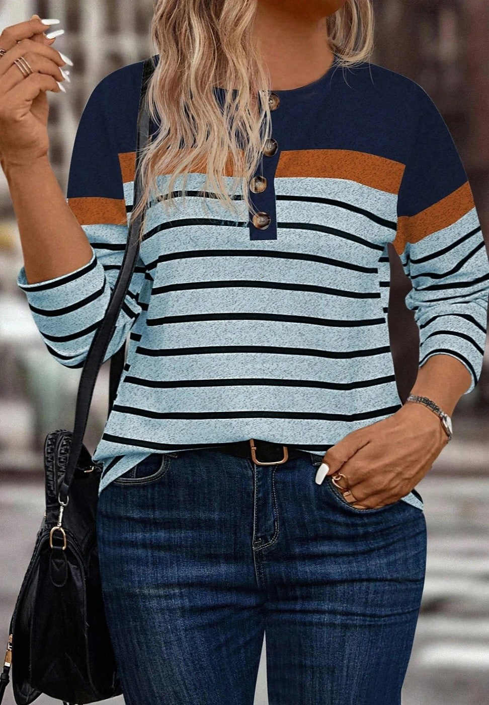 Women's Striped Henley Top Color Block Yoke