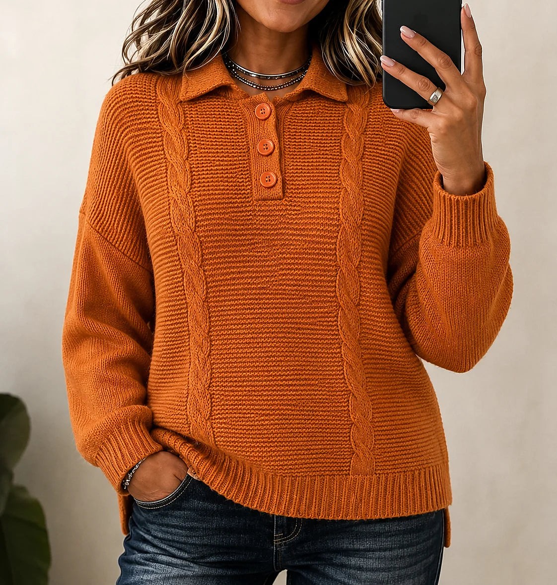 Women's Cable Knit Polo Sweater Button Placket