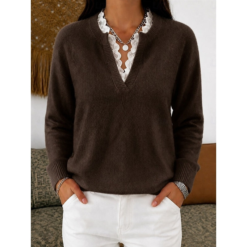 Women's Lace Trim Ribbed V Neck Top