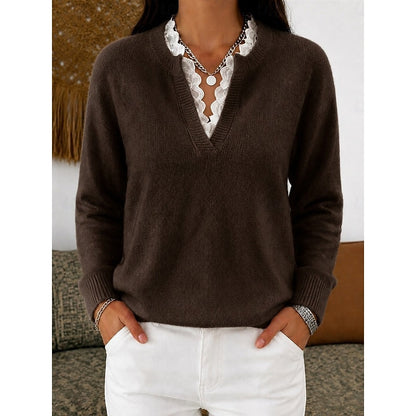 Women's Lace Trim Ribbed V Neck Top