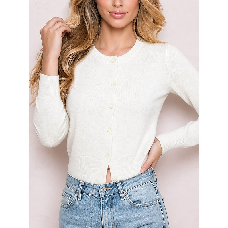 Women's Cropped Ribbed Button Knit Cardigan