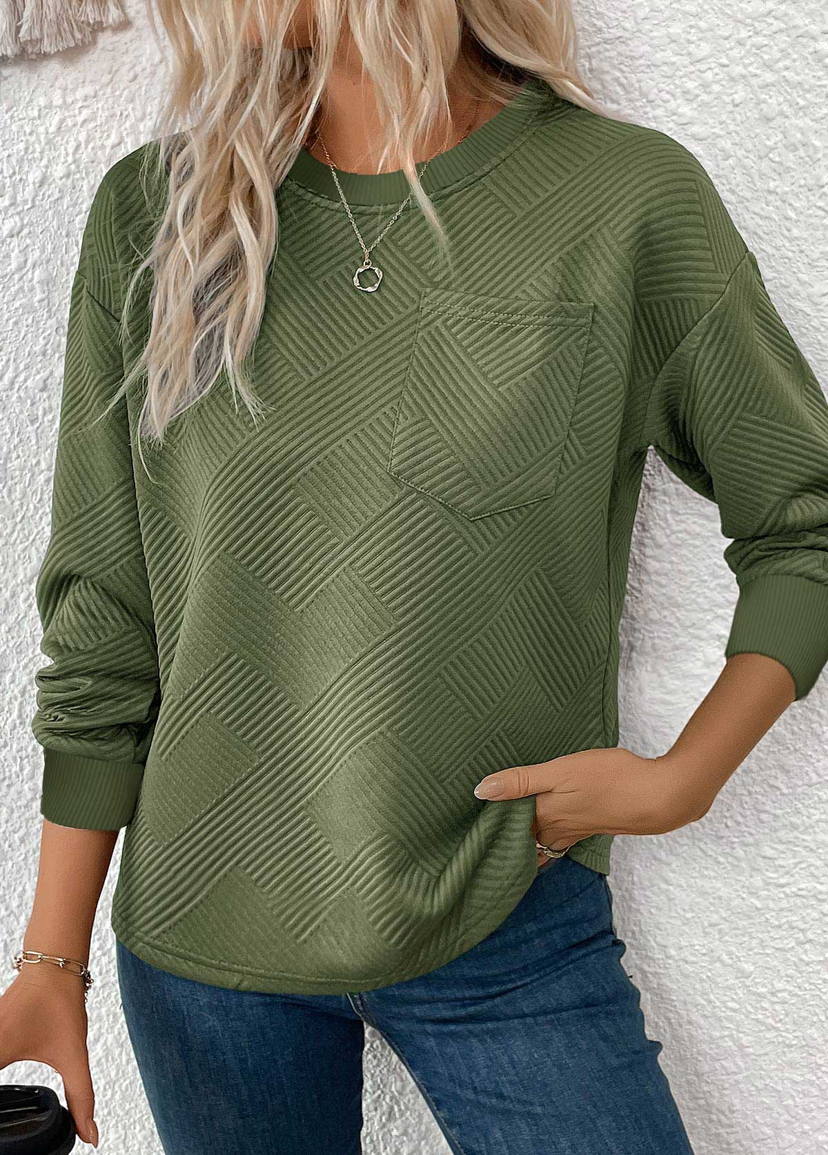 Women's Embossed Jacquard Crewneck Fall Sweatshirt