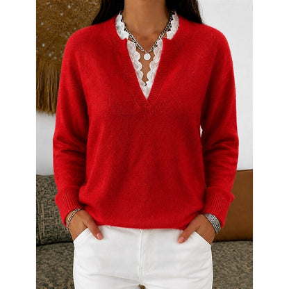 Women's Lace Trim Ribbed V Neck Top