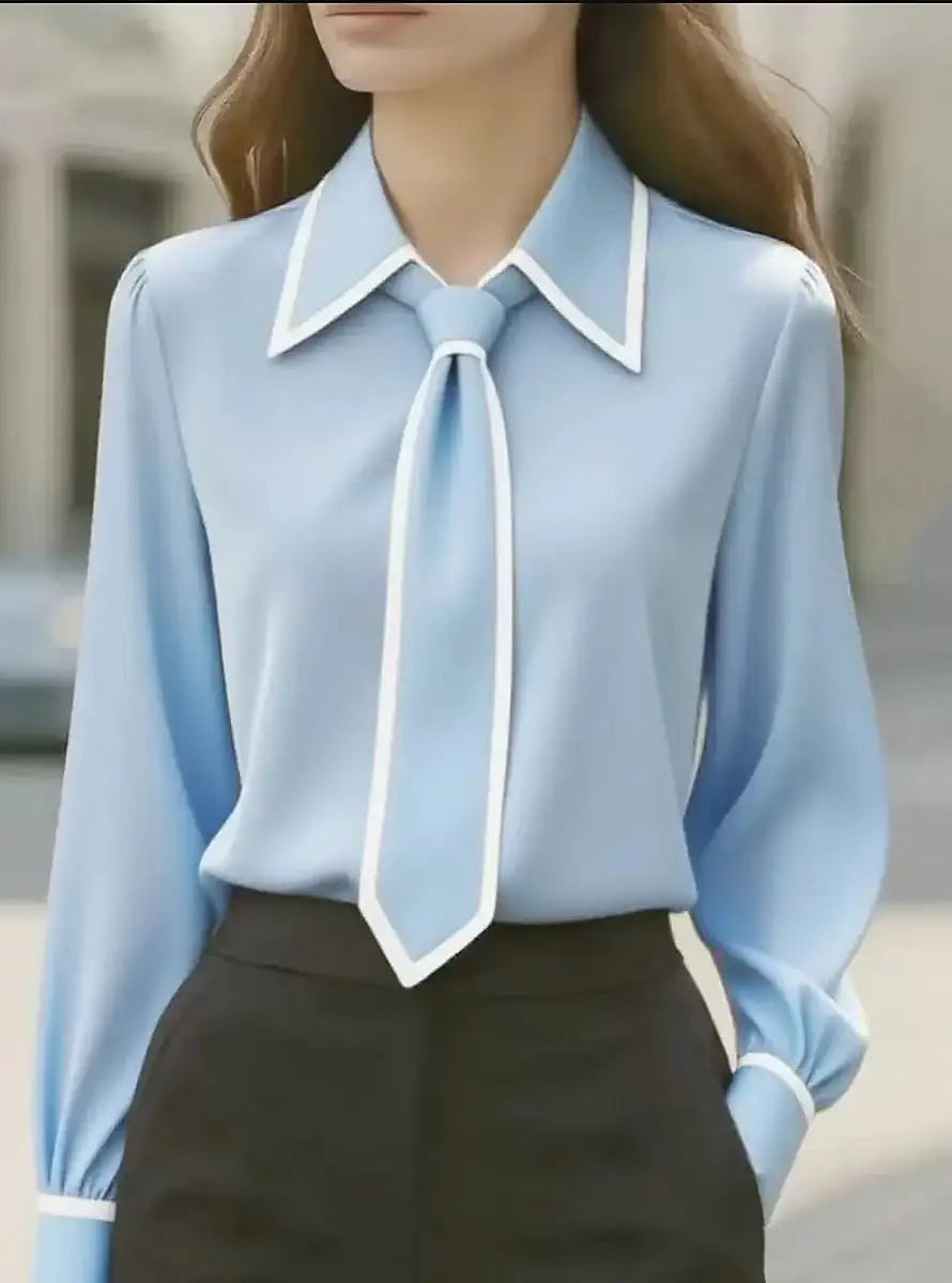 Women's Necktie Button Up Shirt Contrast Piping