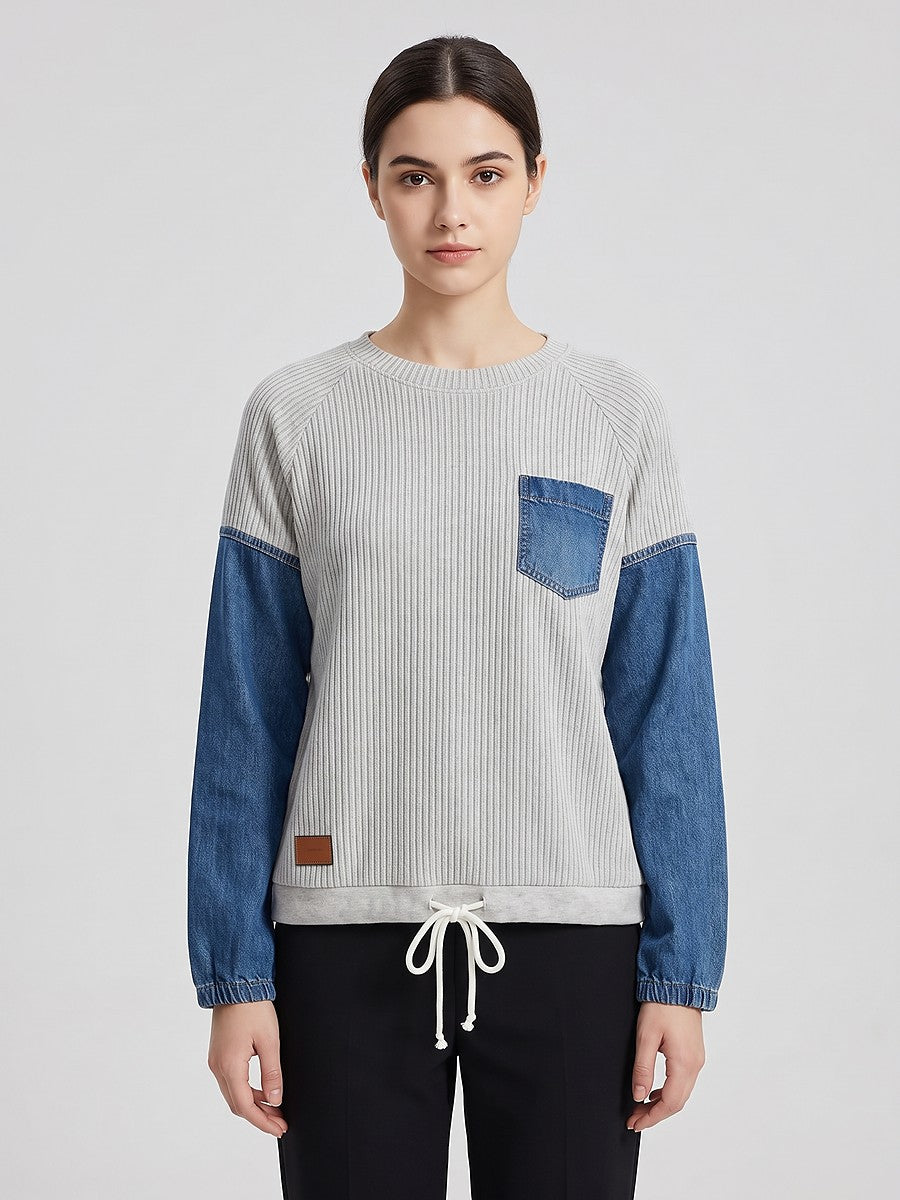 Women's Drawstring Hem Denim Sleeve Sweater
