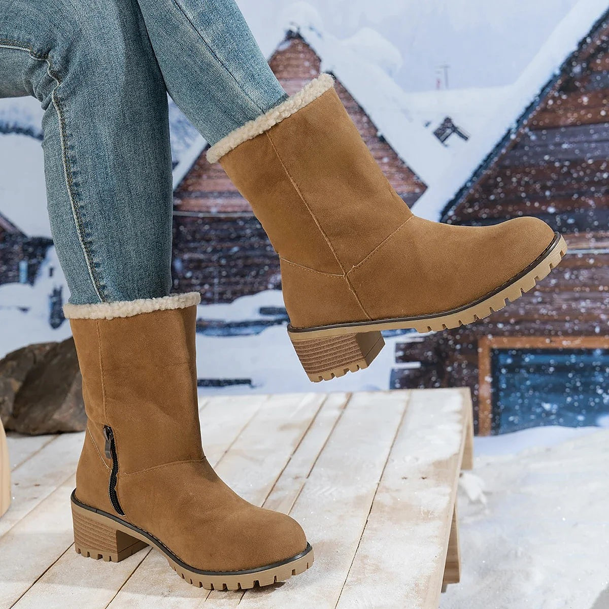 Women's Sherpa Collar Warm Block Heel Boots