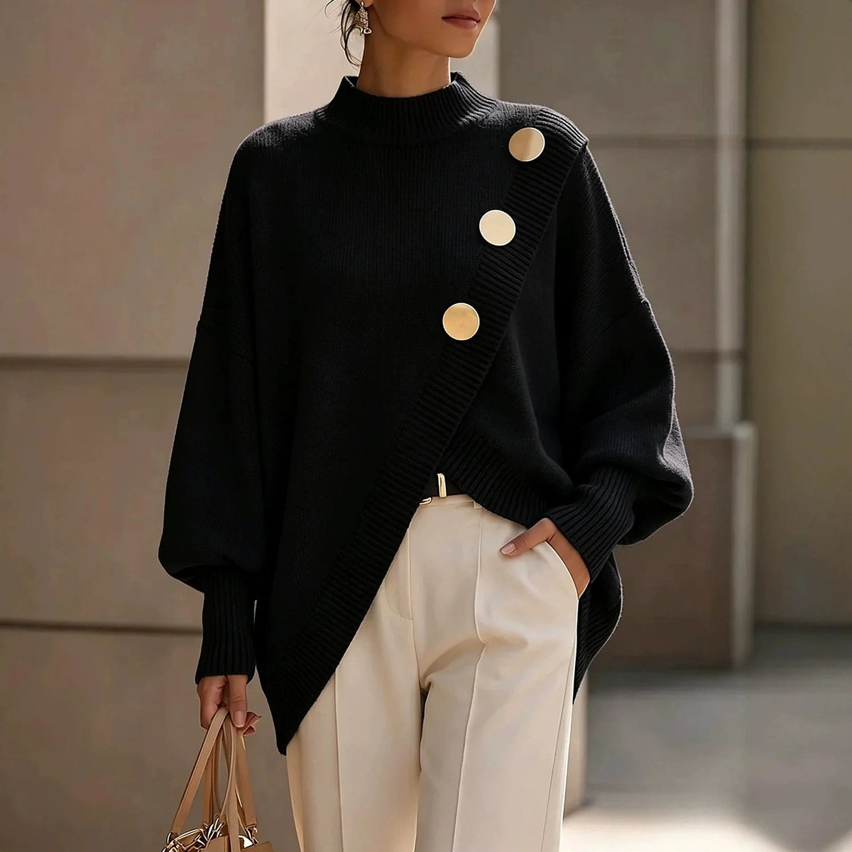 Women's Soft Knit Oversized Mock Neck Hem
