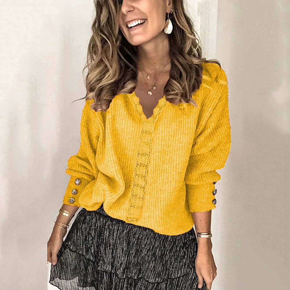 Women's Soft Knit Scalloped Lace V Sweater