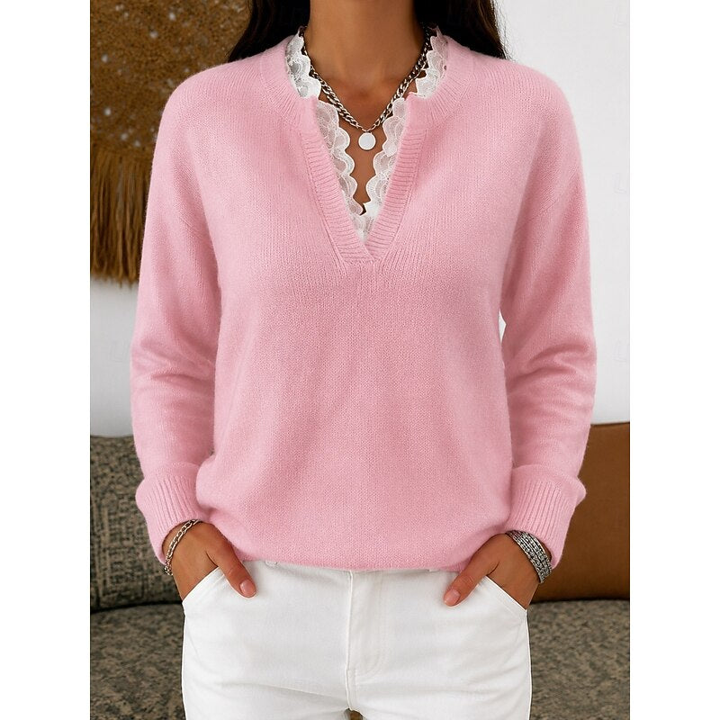 Women's Lace Trim Ribbed V Neck Top