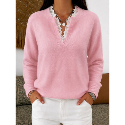 Women's Lace Trim Ribbed V Neck Top